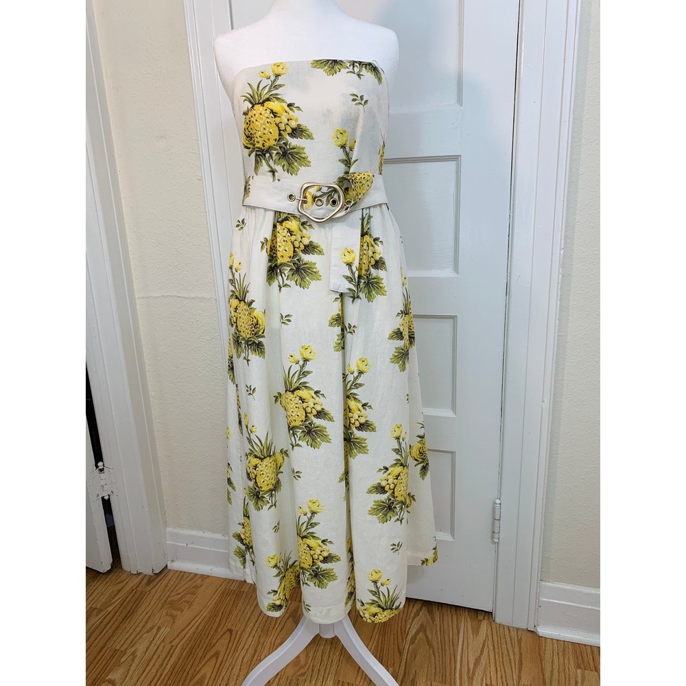 Tahari Cream Linen Sundress Pineapple A‎ Line Fit Flare Resort Vacation Size 8 - Picture 6 of 16